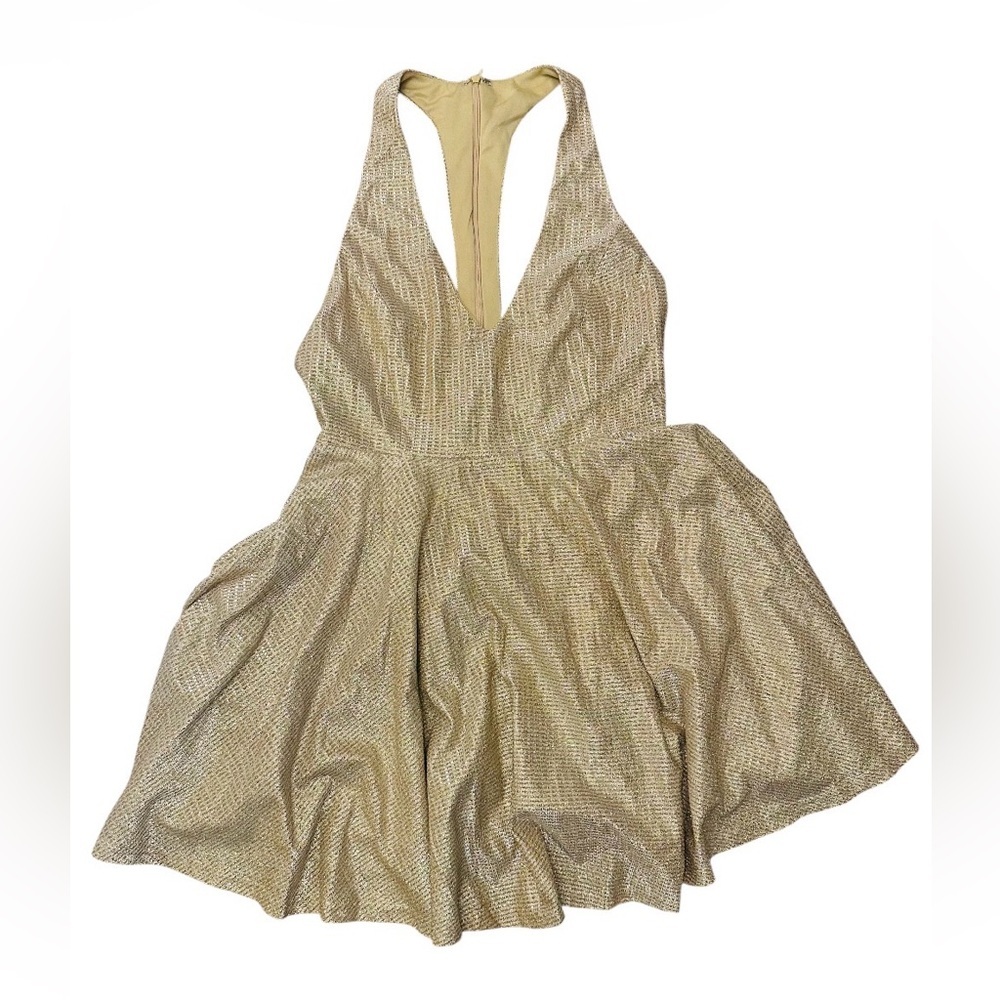 Lulu’s Apryl Mae Gold Glitter Metallic Halter Skater Dress Womens Medium NWT - Picture 8 of 14
